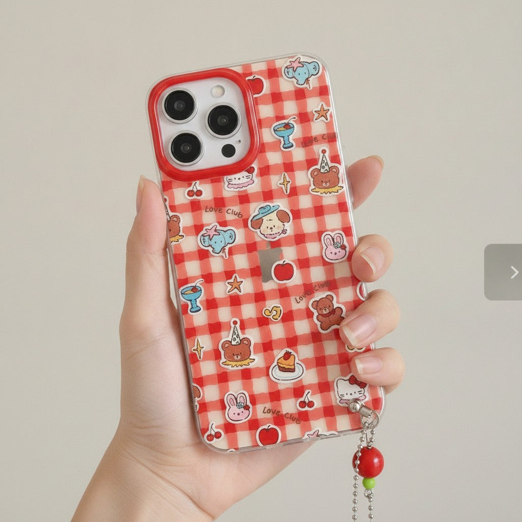Cute Gingham Animal Sticker Phone Case with Charm – tech (view 3)