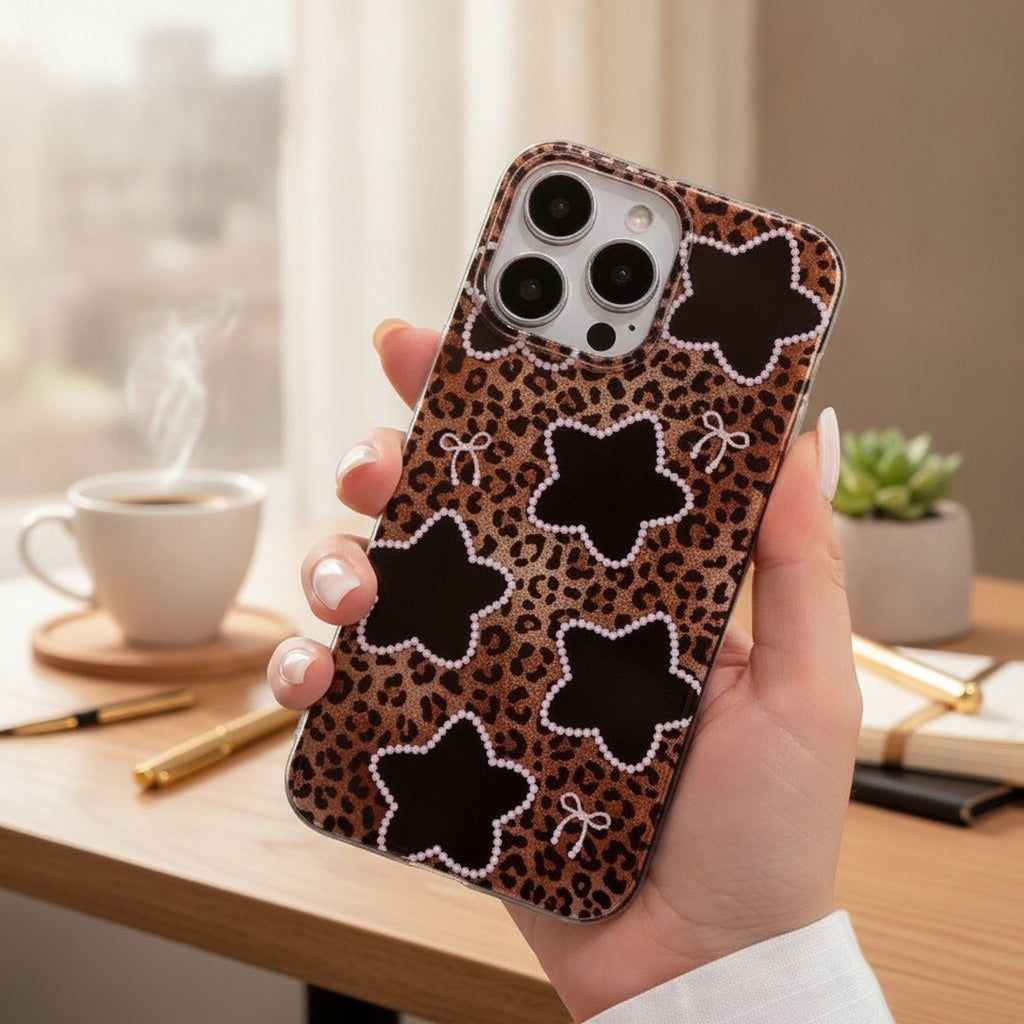 Leopard Star Pearl Bow Stylish Phone Case for iPhone