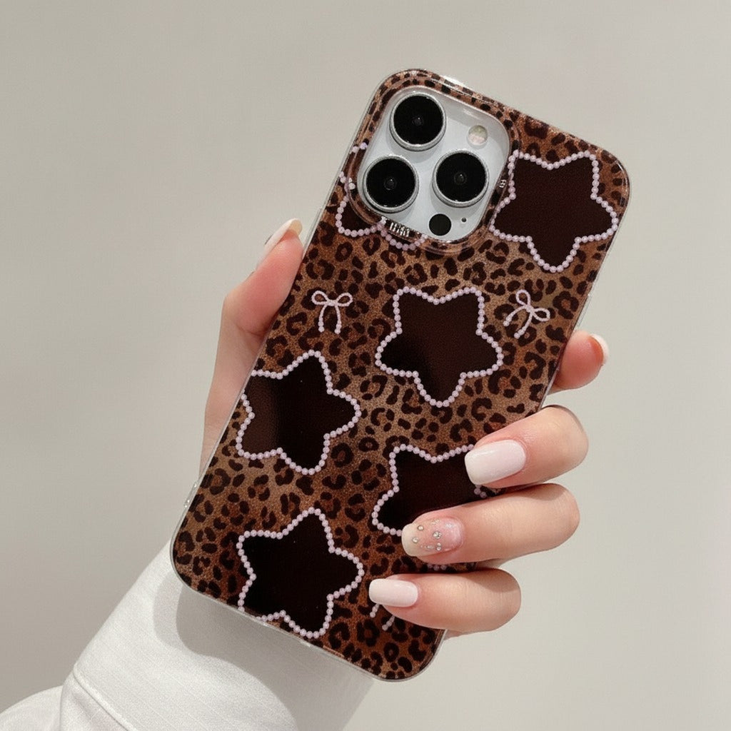 Leopard Star Pearl Bow Stylish Phone Case for iPhone