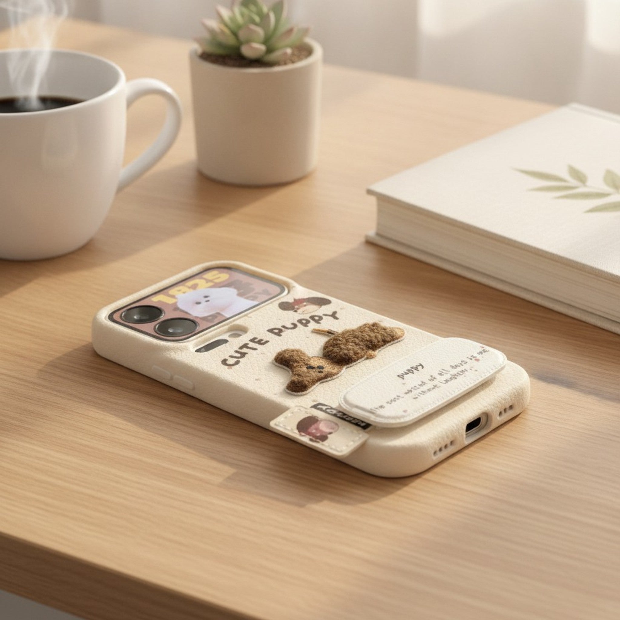 White Cute Puppy 3D Textured Phone Case with Stand