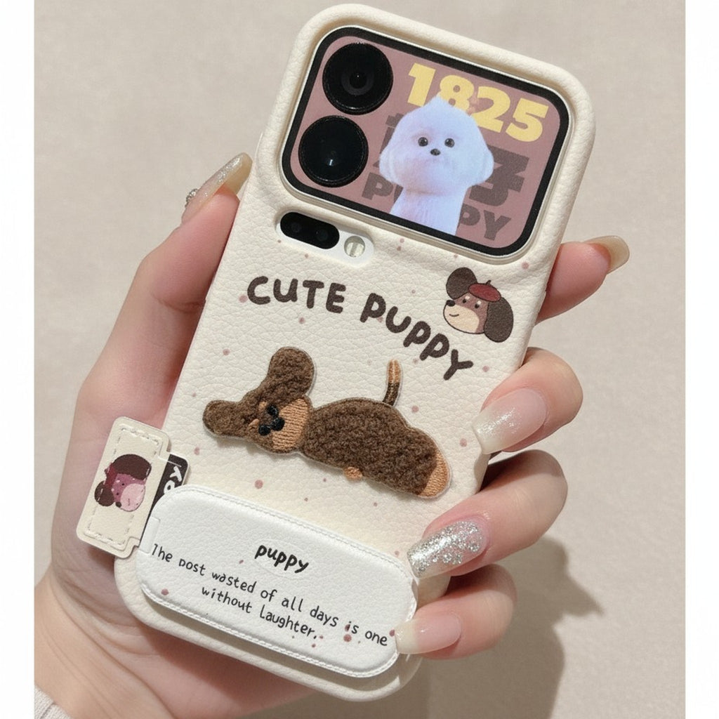White Cute Puppy 3D Textured Phone Case with Stand