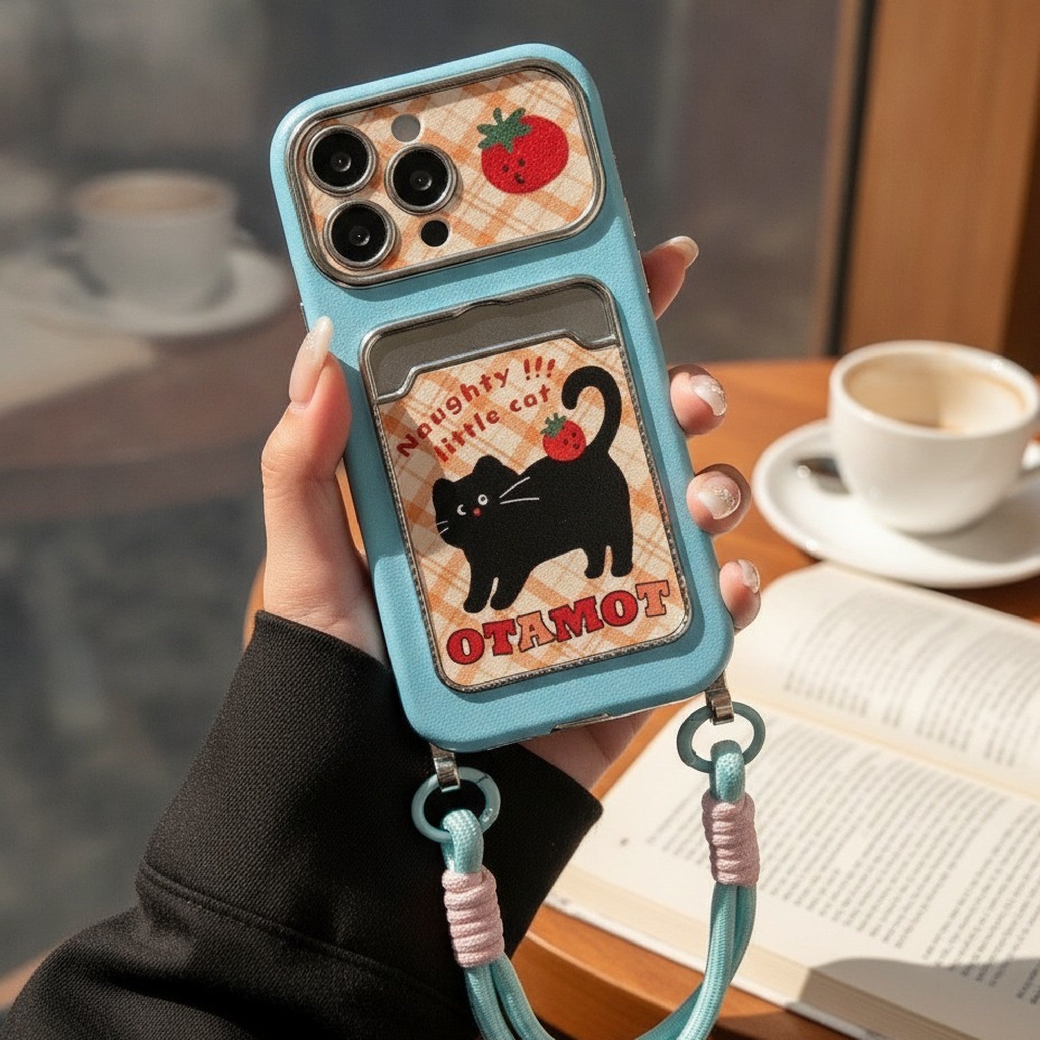 Green Naughty Little Cat Plaid Phone Case with Strap