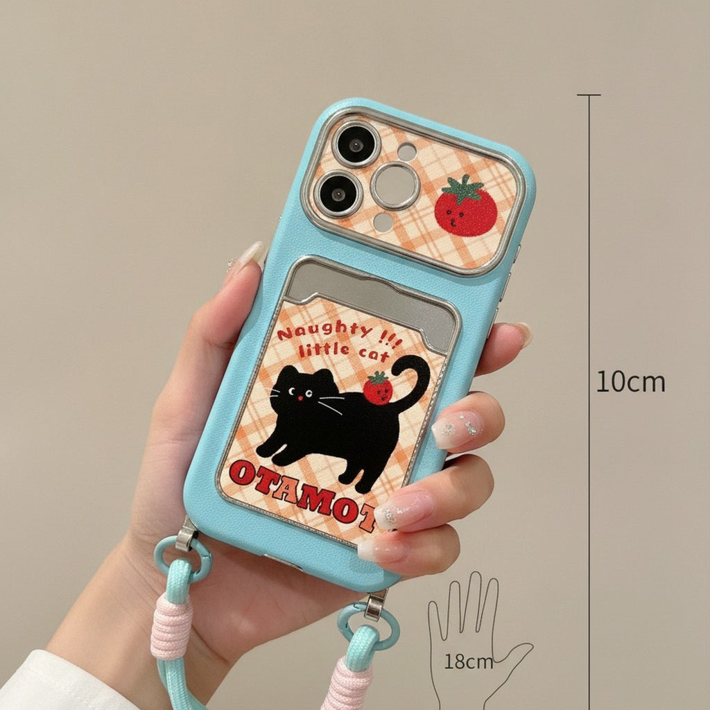 Green Naughty Little Cat Plaid Phone Case with Strap