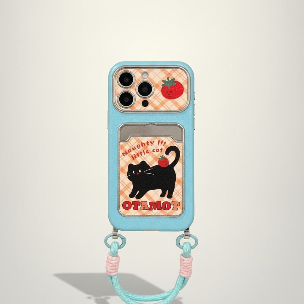 Green Naughty Little Cat Plaid Phone Case with Strap