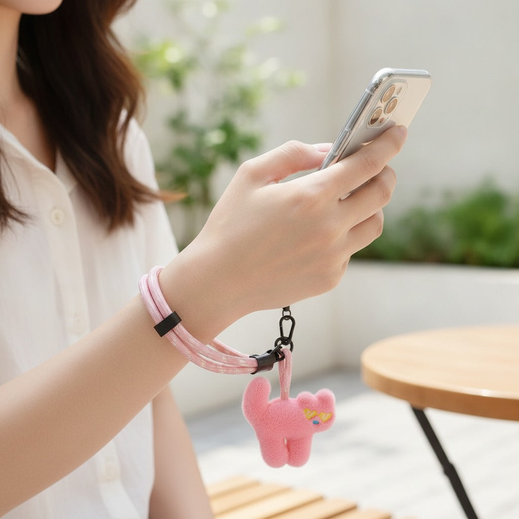 Pink Fuzzy Cat Phone Charm Keychain – tech