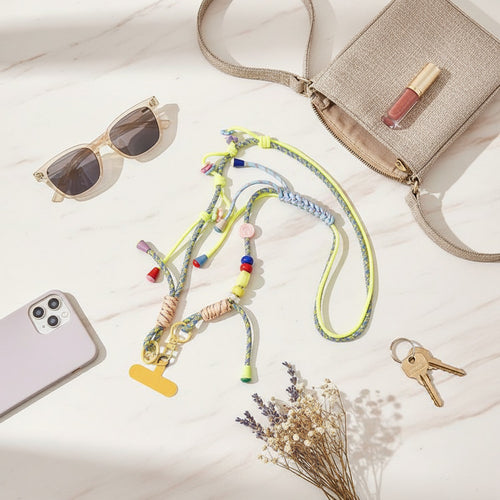 Beaded Phone Charm Strap With Tassel - Blue & Yellow – tech (view 2)