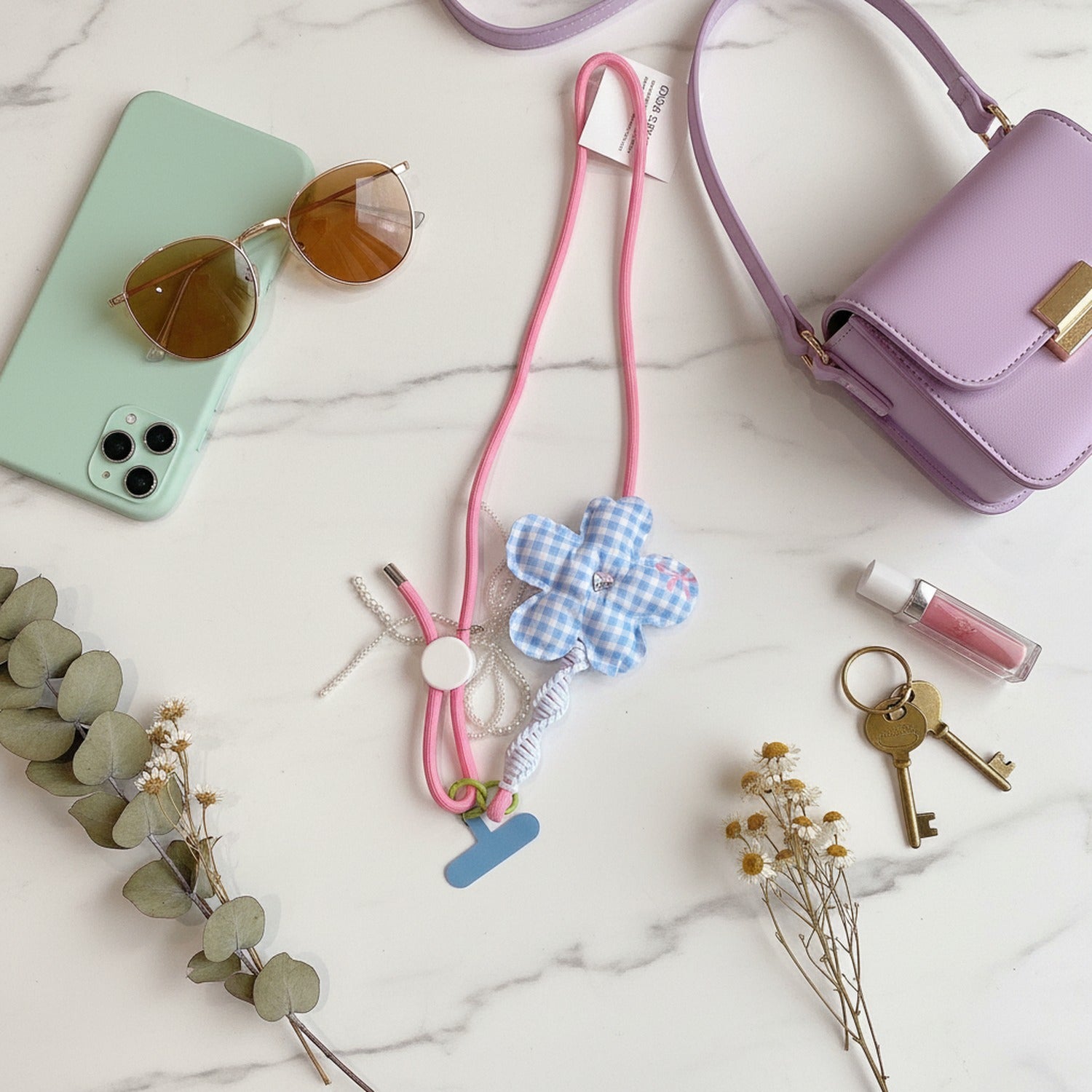 Flower Phone Charm Strap - Blue Plaid Floral – tech (view 3)