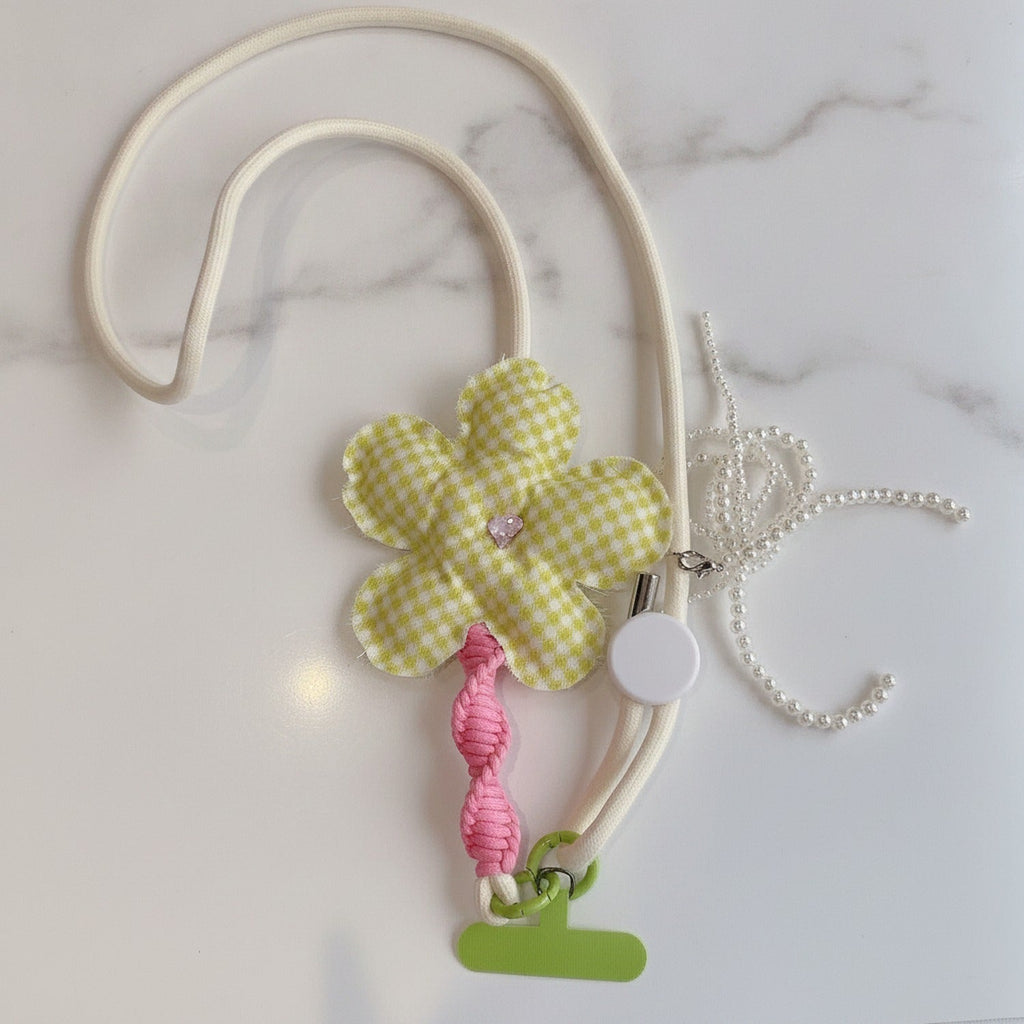 Flower Phone Charm Strap - Green Plaid Floral