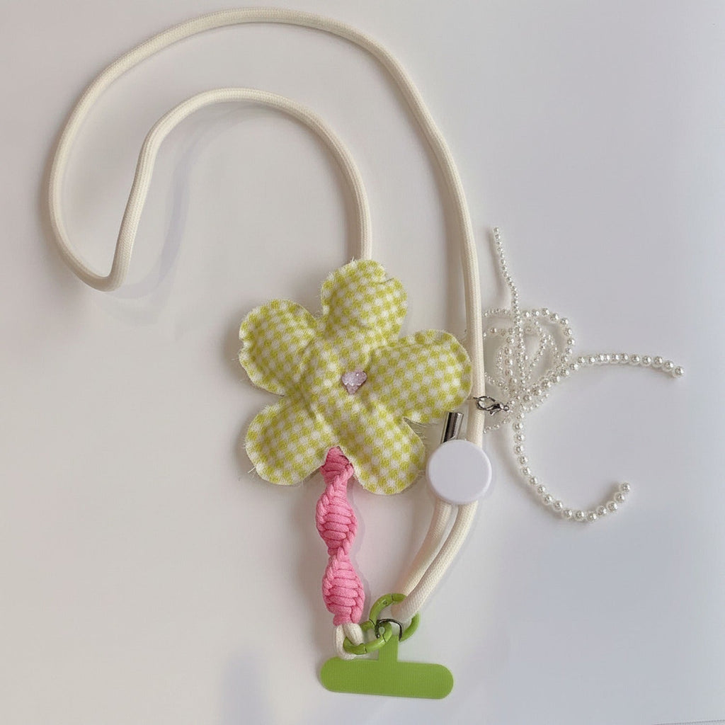 Flower Phone Charm Strap - Green Plaid Floral