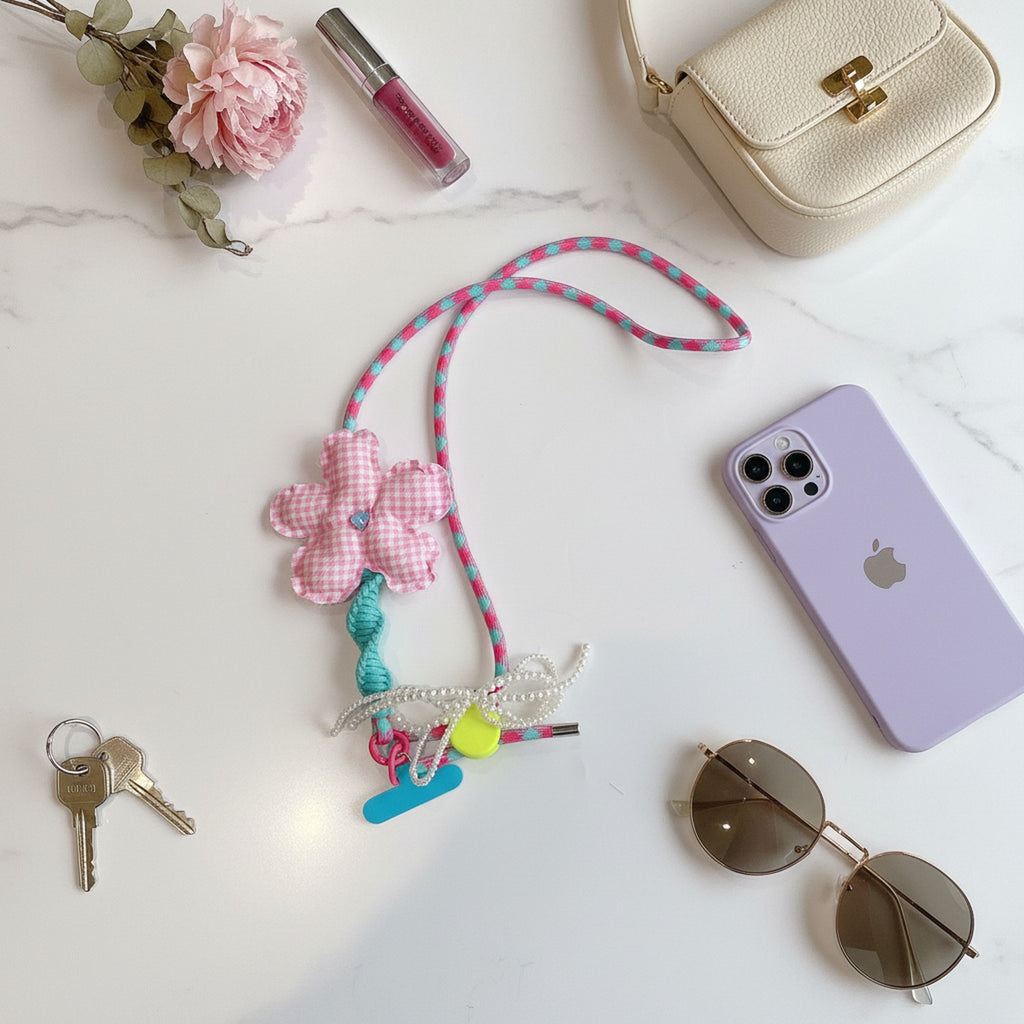 Flower Phone Charm Strap - Pink Plaid Flower – tech (view 2)