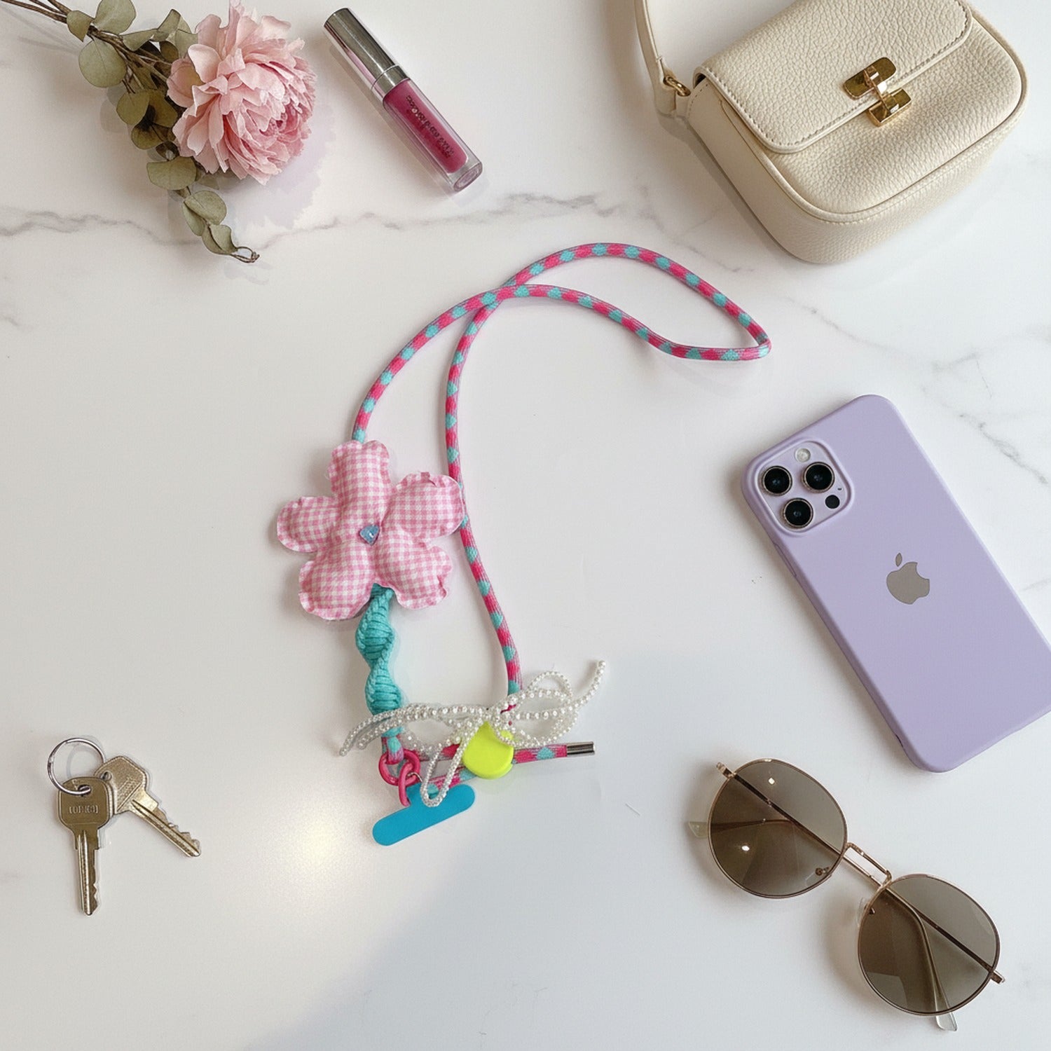 Flower Phone Charm Strap - Pink Plaid Flower – tech (view 2)