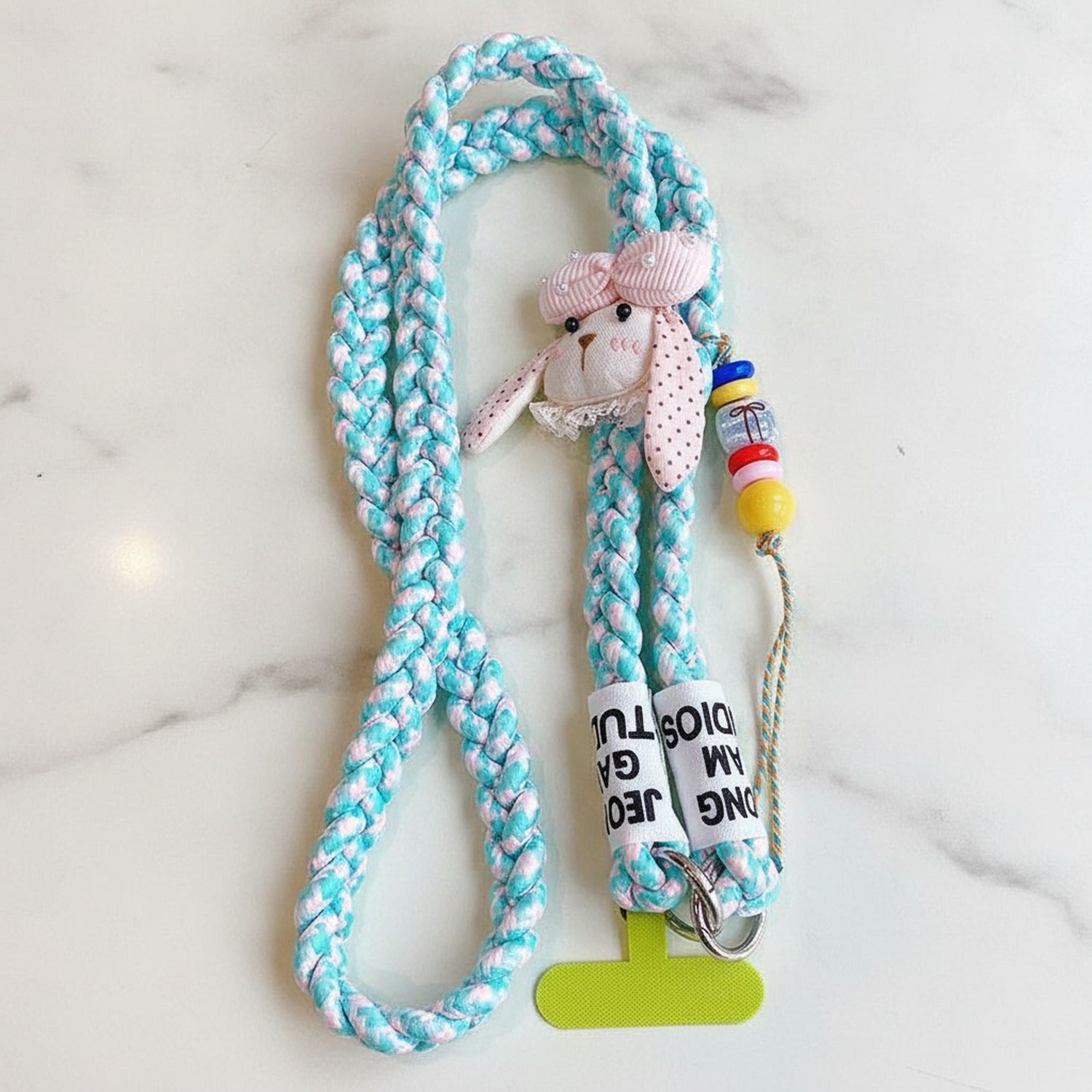 Turquoise Braided Rope Phone Charm With Bunny Pendant