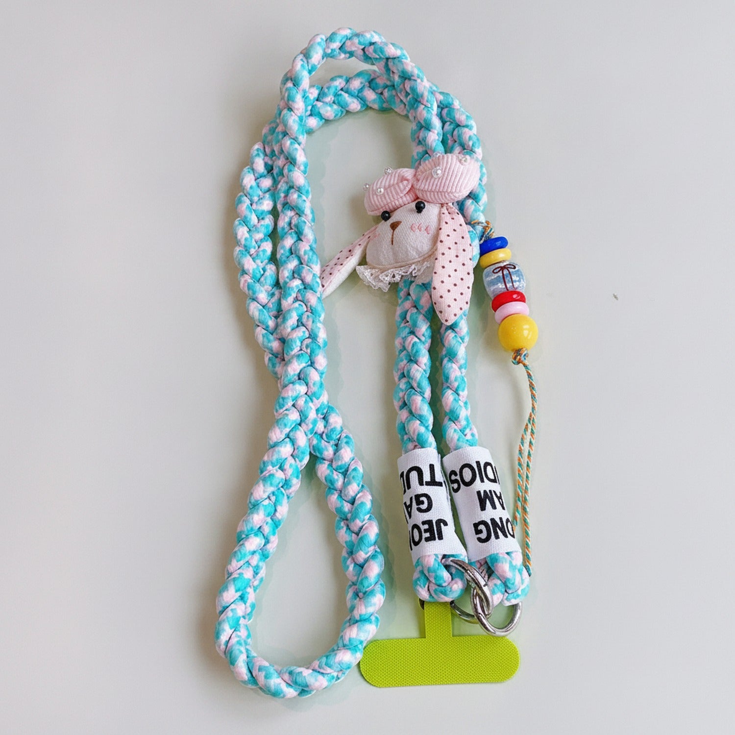 Turquoise Braided Rope Phone Charm With Bunny Pendant