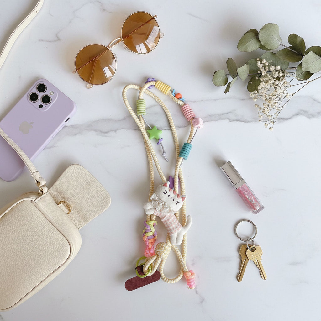 Kawaii Cat Beaded Phone Charm Strap With Colorful Beads – tech (view 2)