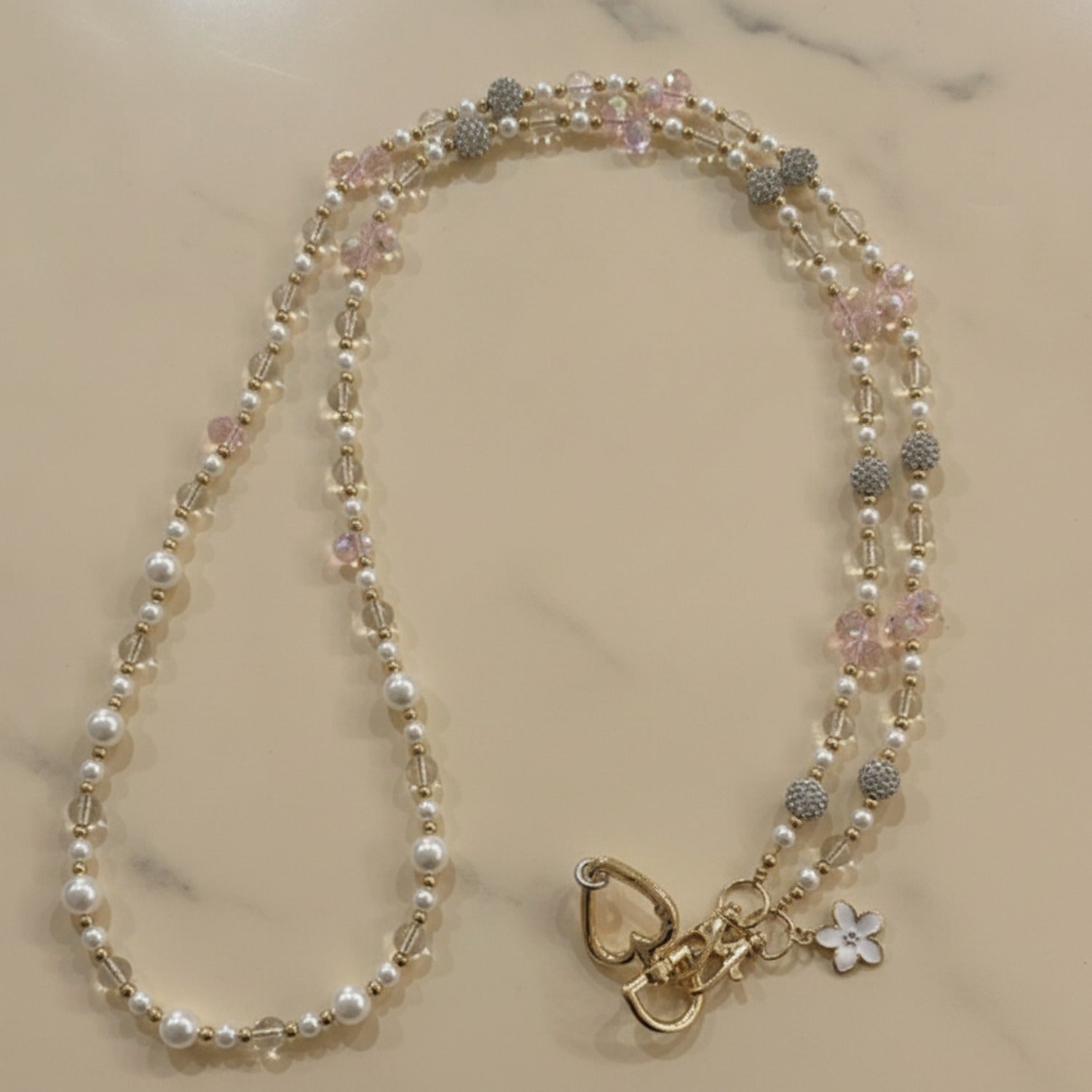 Beaded Butterfly Phone Strap with Bows - Blush Pearl