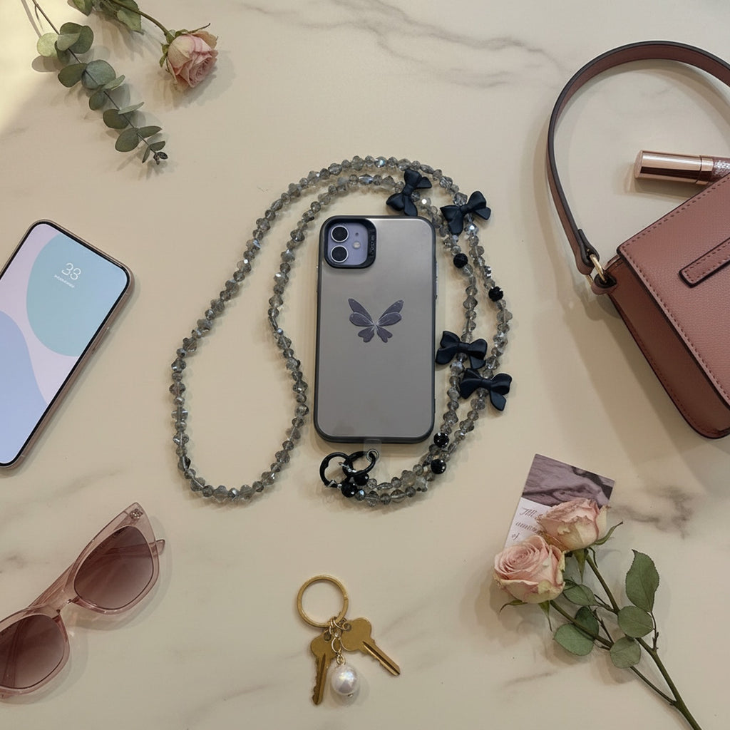 Beaded Butterfly Phone Strap with Bows - Smoky Butterfly – tech (view 2)