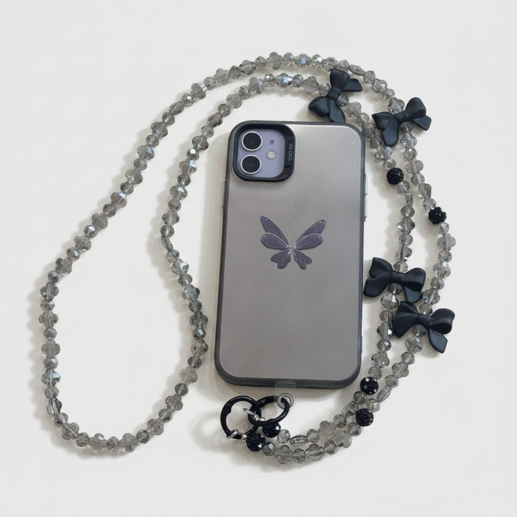 Beaded Butterfly Phone Strap with Bows - Smoky Butterfly