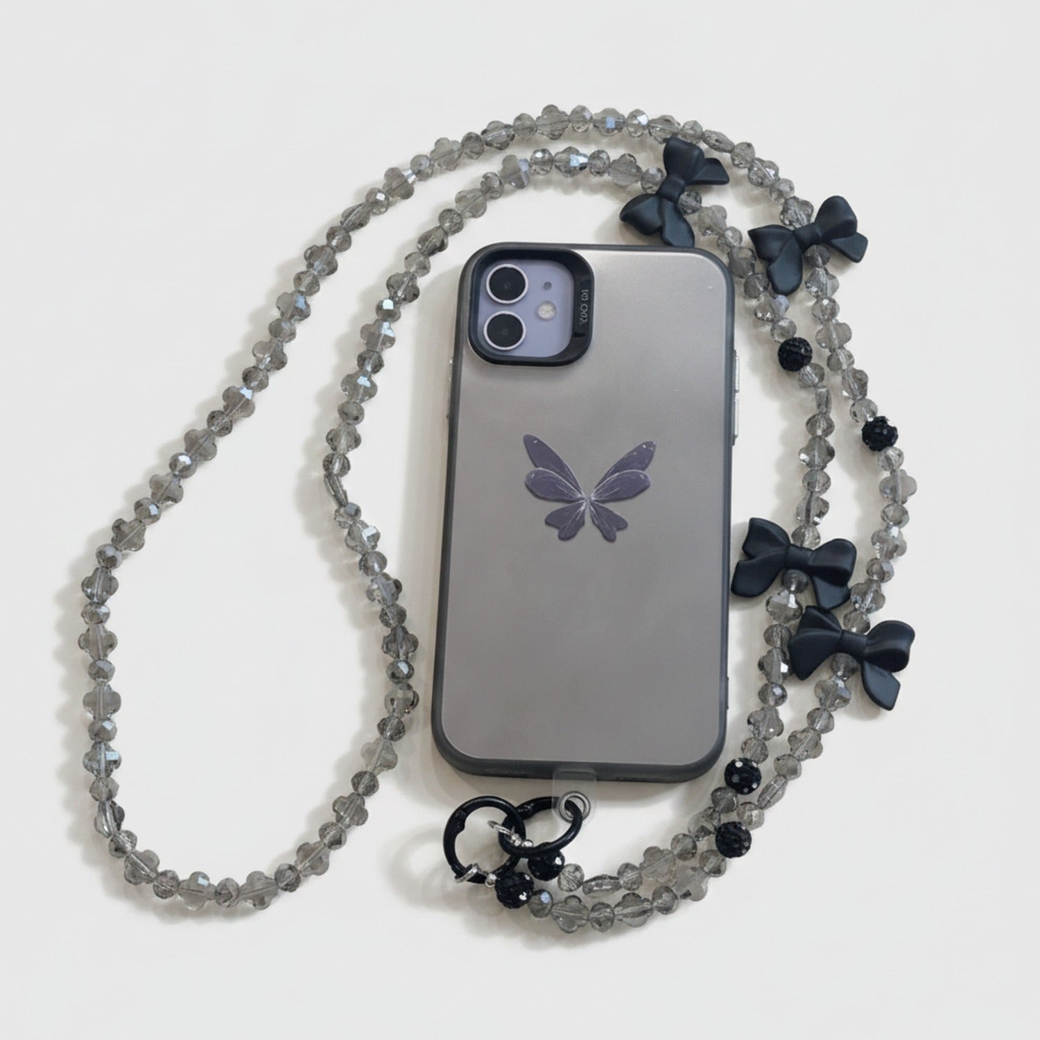 Beaded Butterfly Phone Strap with Bows - Smoky Butterfly