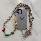Beaded Butterfly Phone Strap with Bows - Rainbow Beads Cream