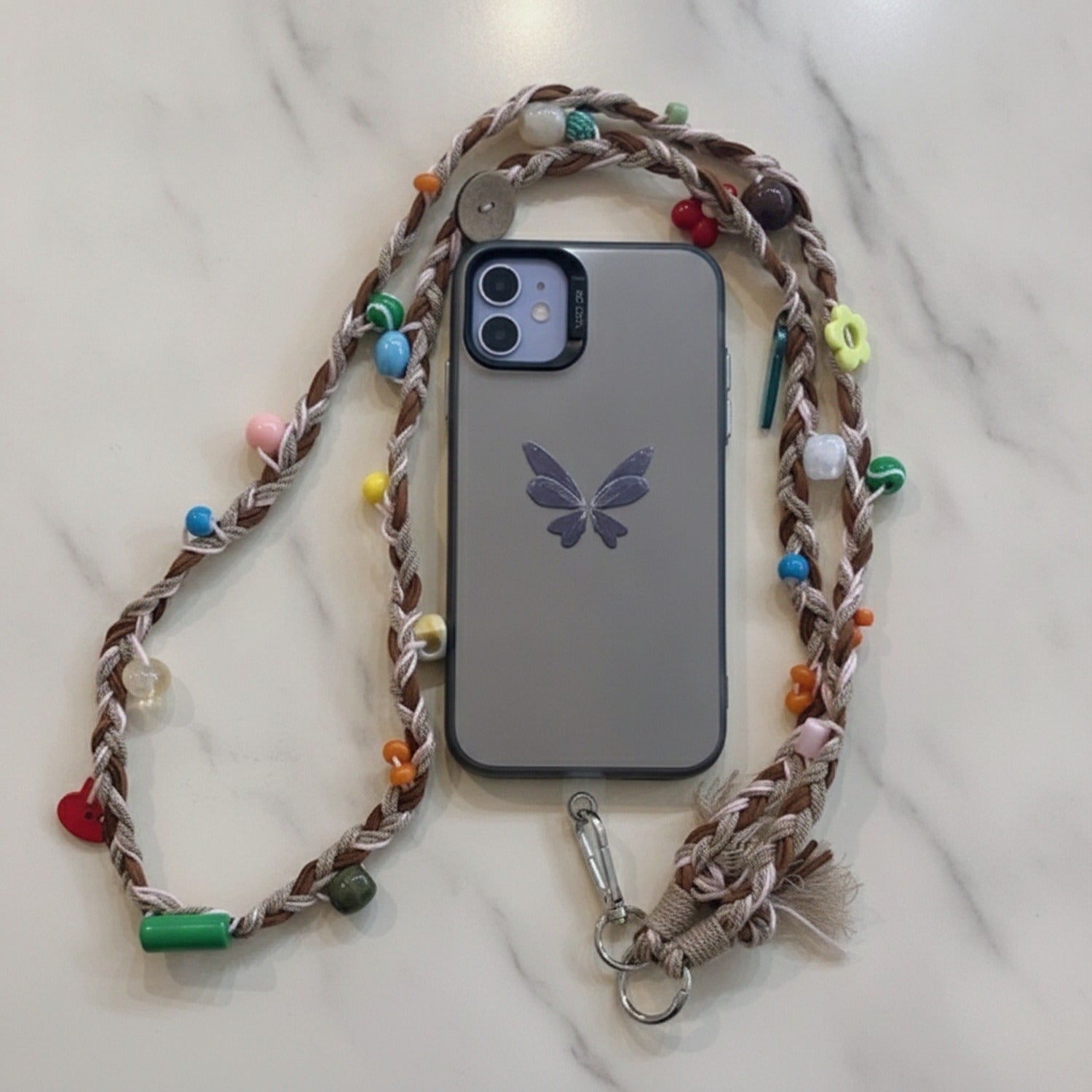 Beaded Butterfly Phone Strap with Bows - Rainbow Beads Cream