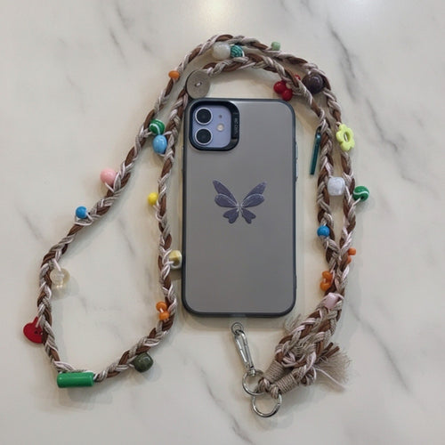 Beaded Butterfly Phone Strap with Bows - Rainbow Beads Cream