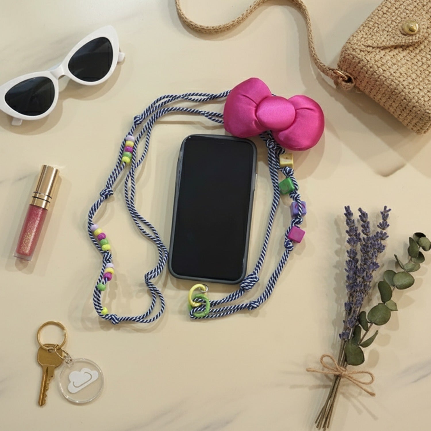 Beaded Butterfly Phone Strap with Bows - Pink Butterfly – tech (view 2)