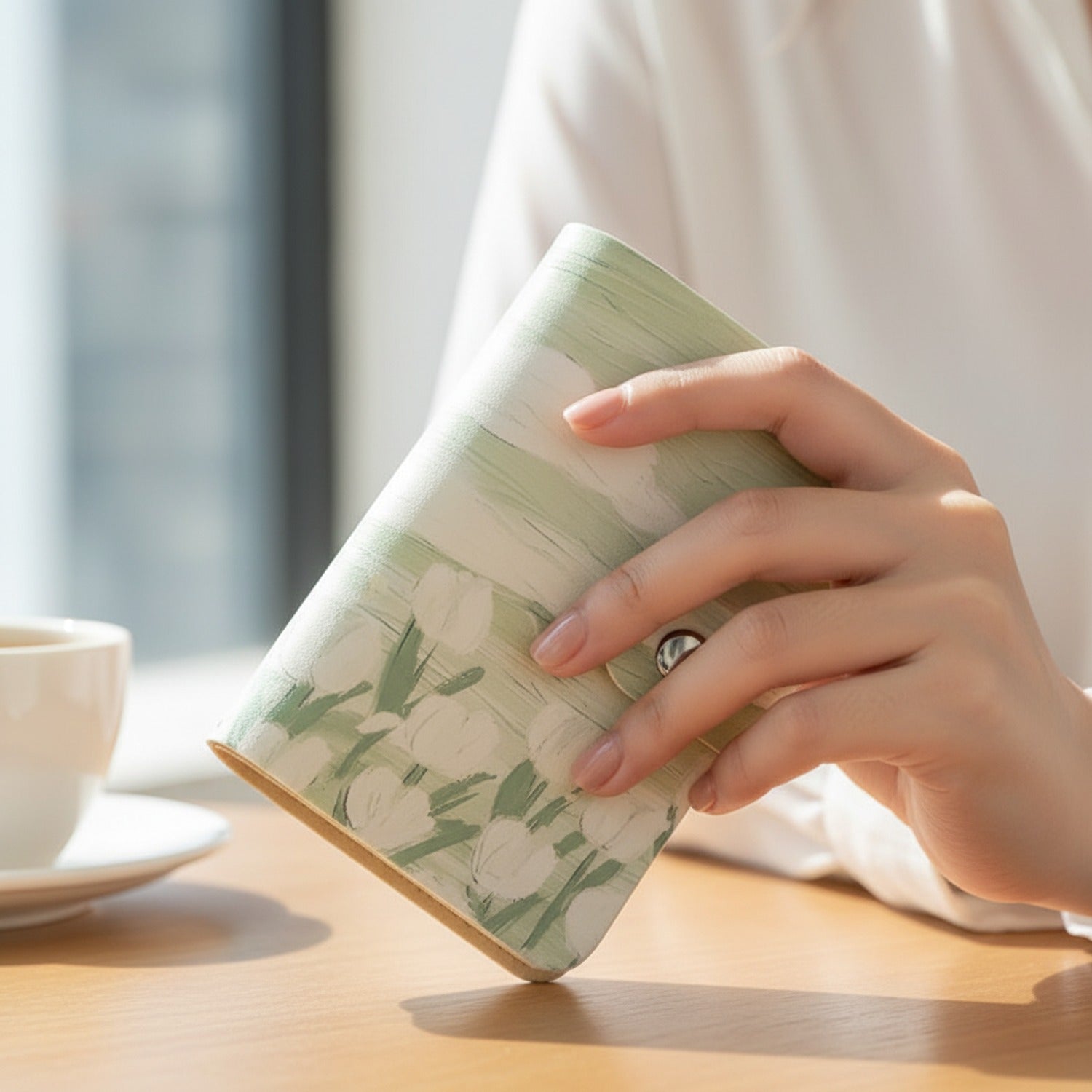 Sage Floral Linen Cardholder Wallet With Snap Closure
