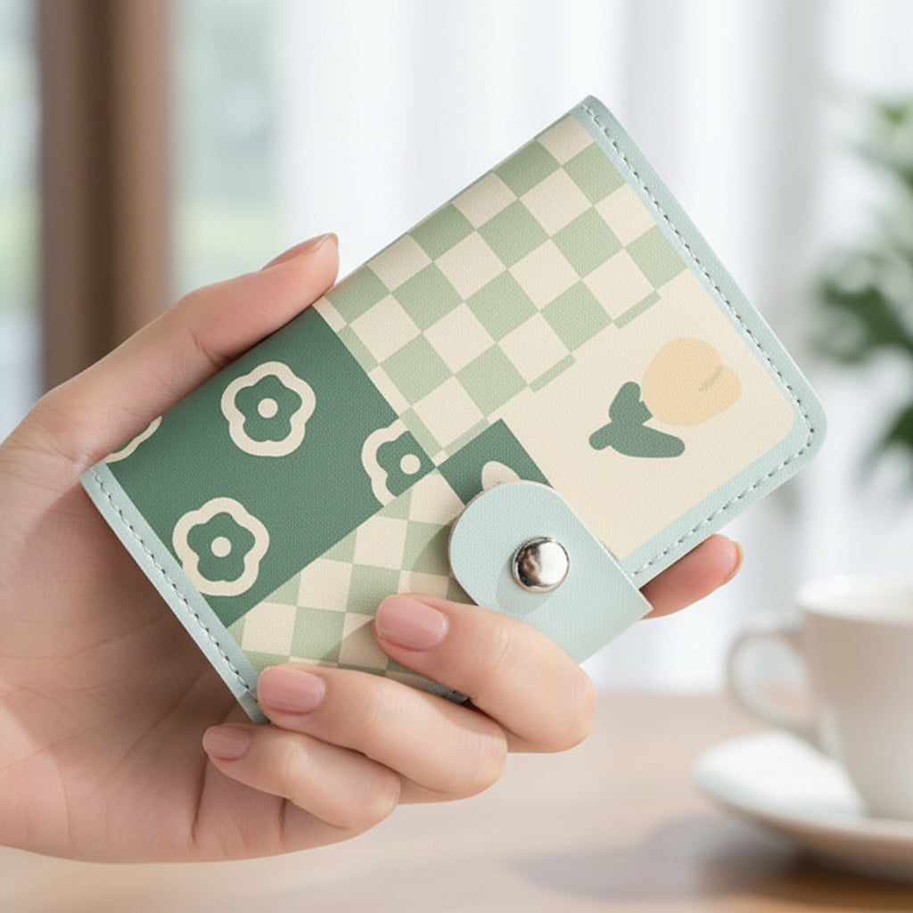 Sage Checkered Wallet With Flower Snap Closure