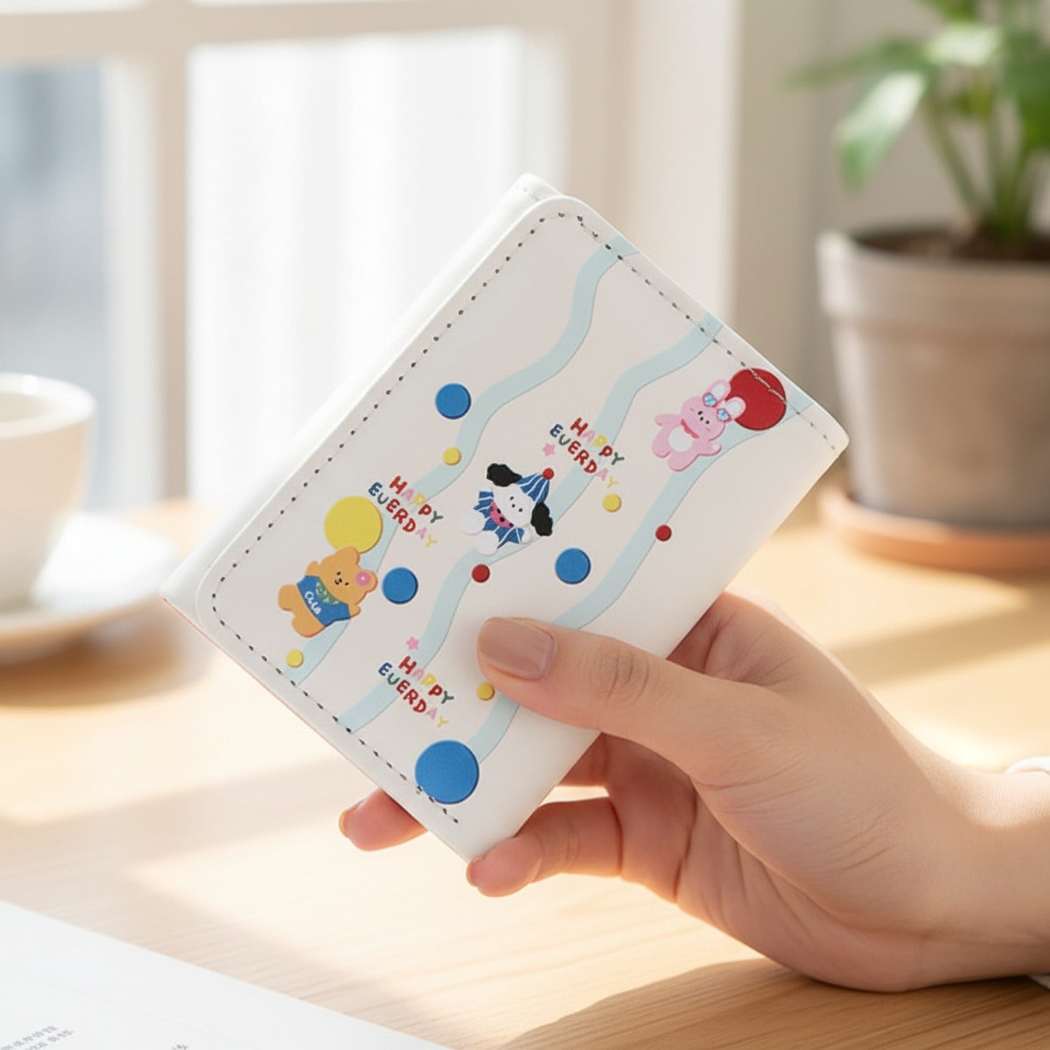 Cute Cartoon Character Tri-Fold Wallet With Colorful Balloons