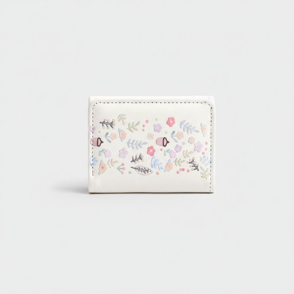 Floral Embroidered Cream Tri-Fold Wallet