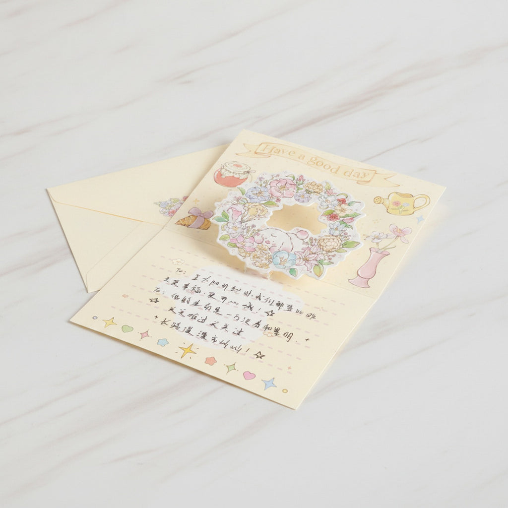 Floral Wreath Pop-Up Greeting Card With Stars – stationery (view 2)
