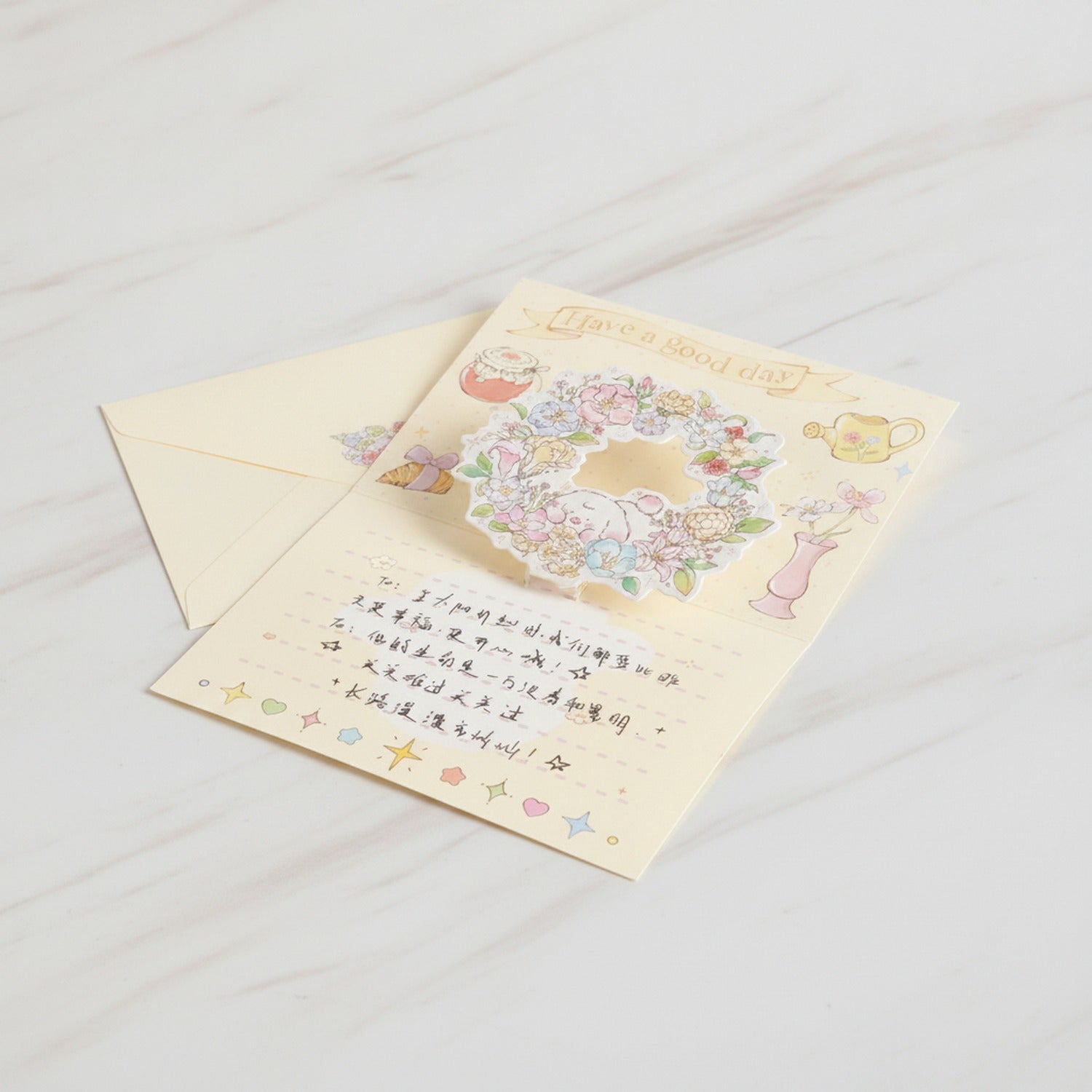 Floral Wreath Pop-Up Greeting Card With Stars