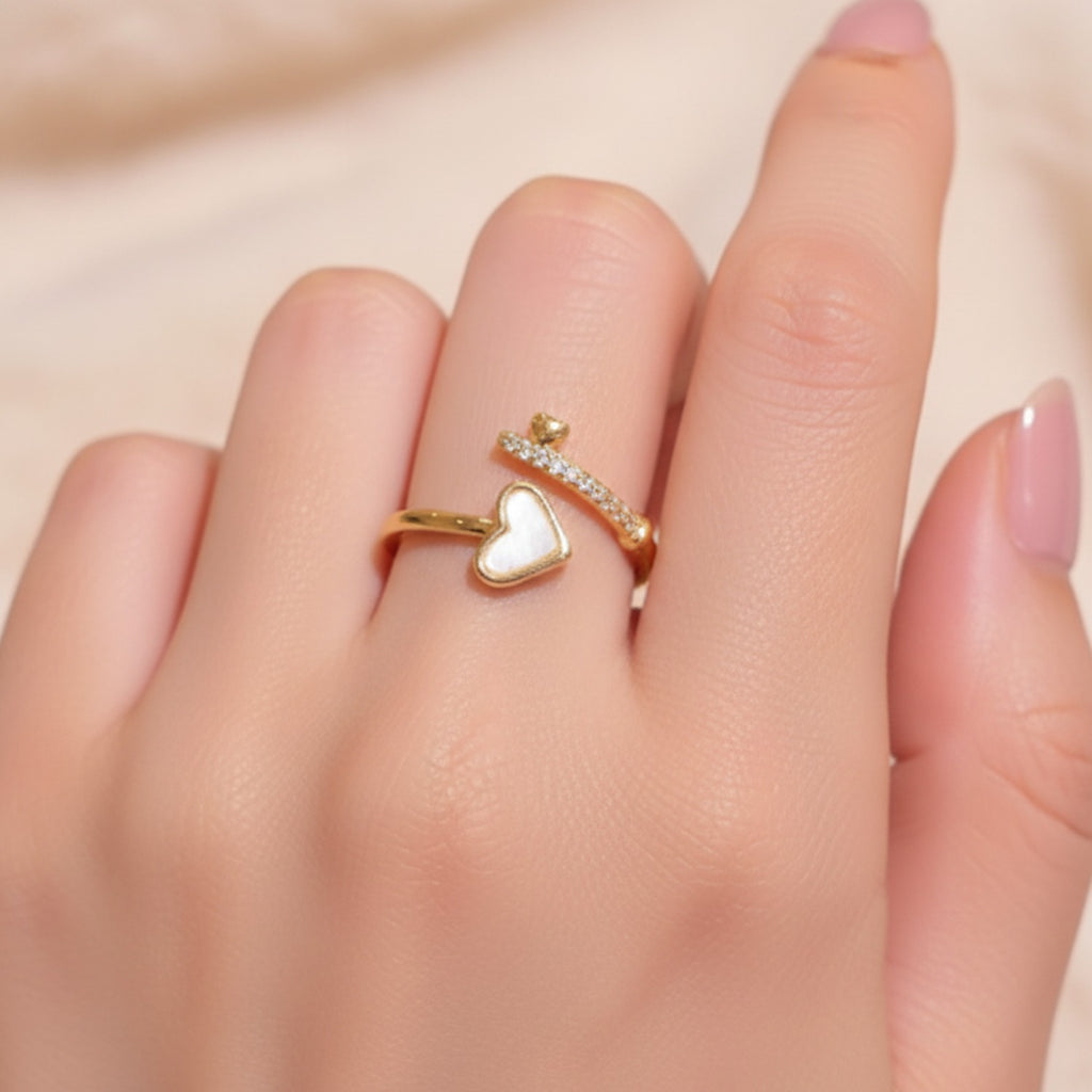 Gold Heart Charm Ring Set with Crystals
