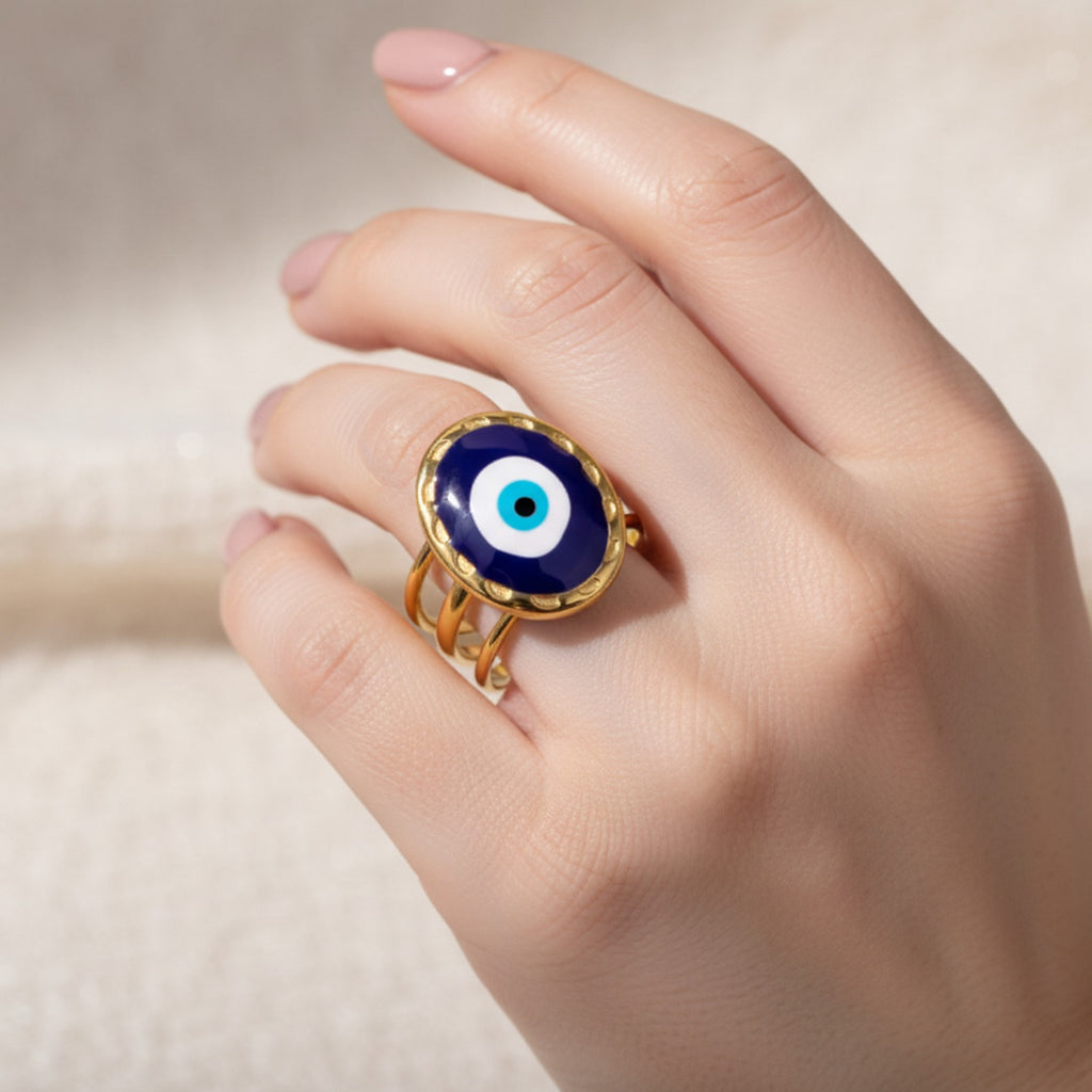 Gold Evil Eye Ring with Blue Center
