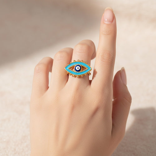 Blue Evil Eye Gold Beaded Ring