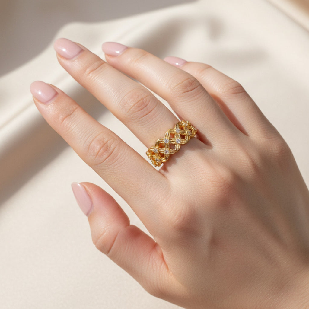 Gold Rhinestone Flower Open Ring Set