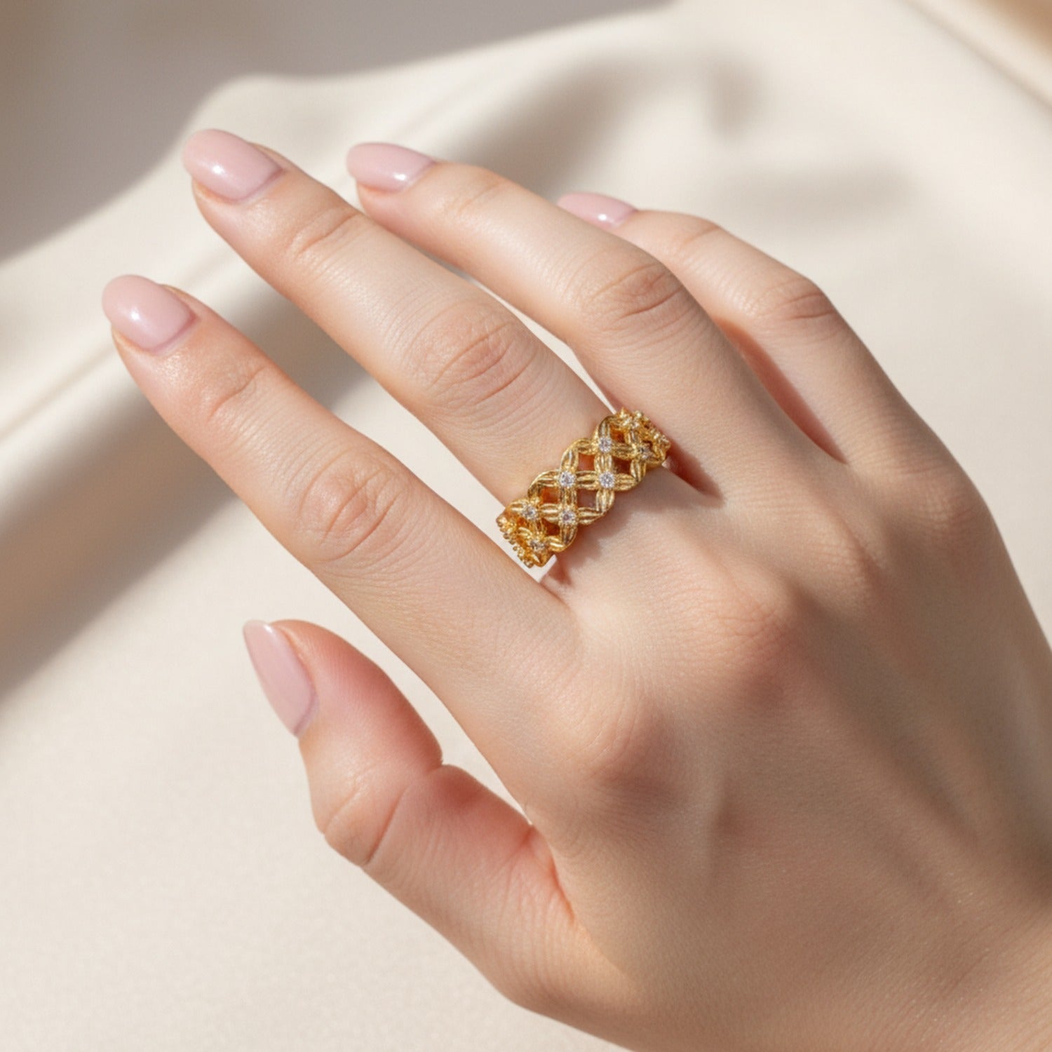 Gold Rhinestone Flower Open Ring Set
