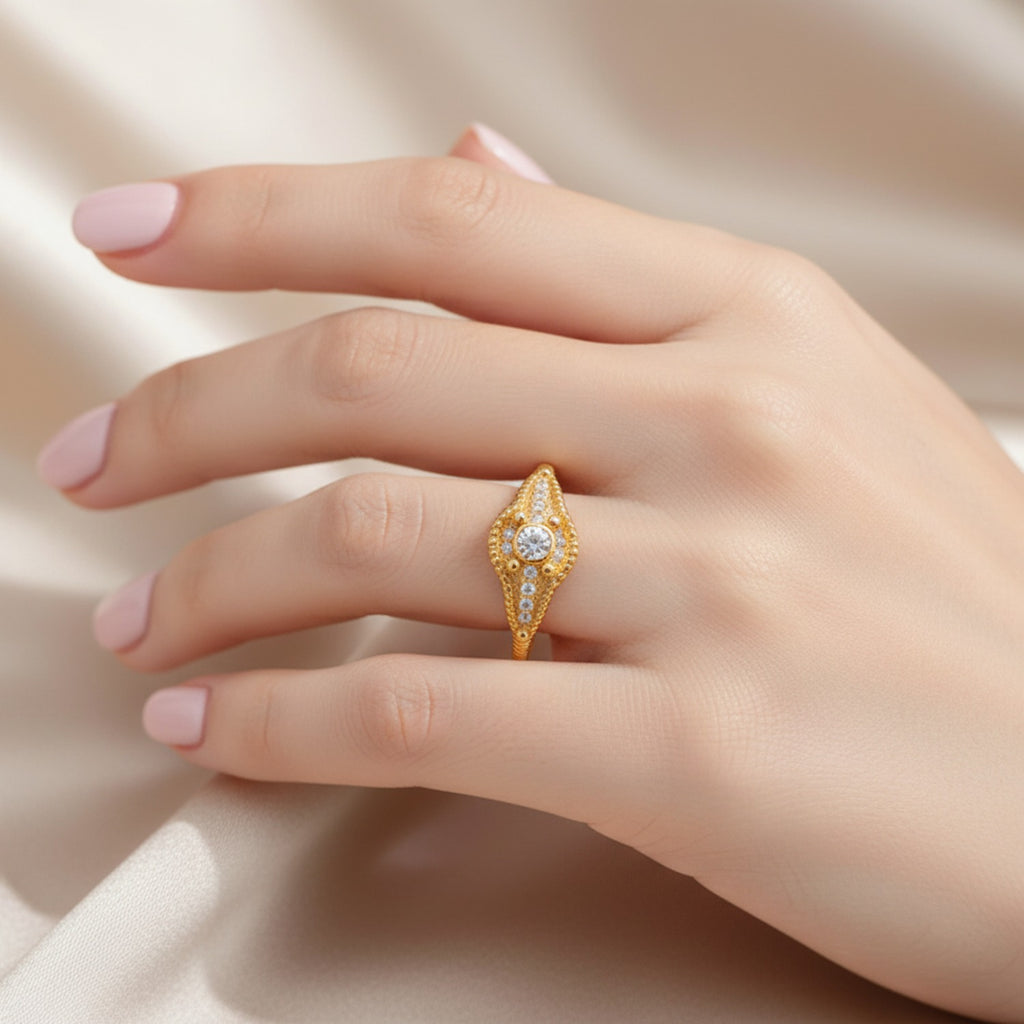 Gold Beaded Statement Ring With Rhinestone Center