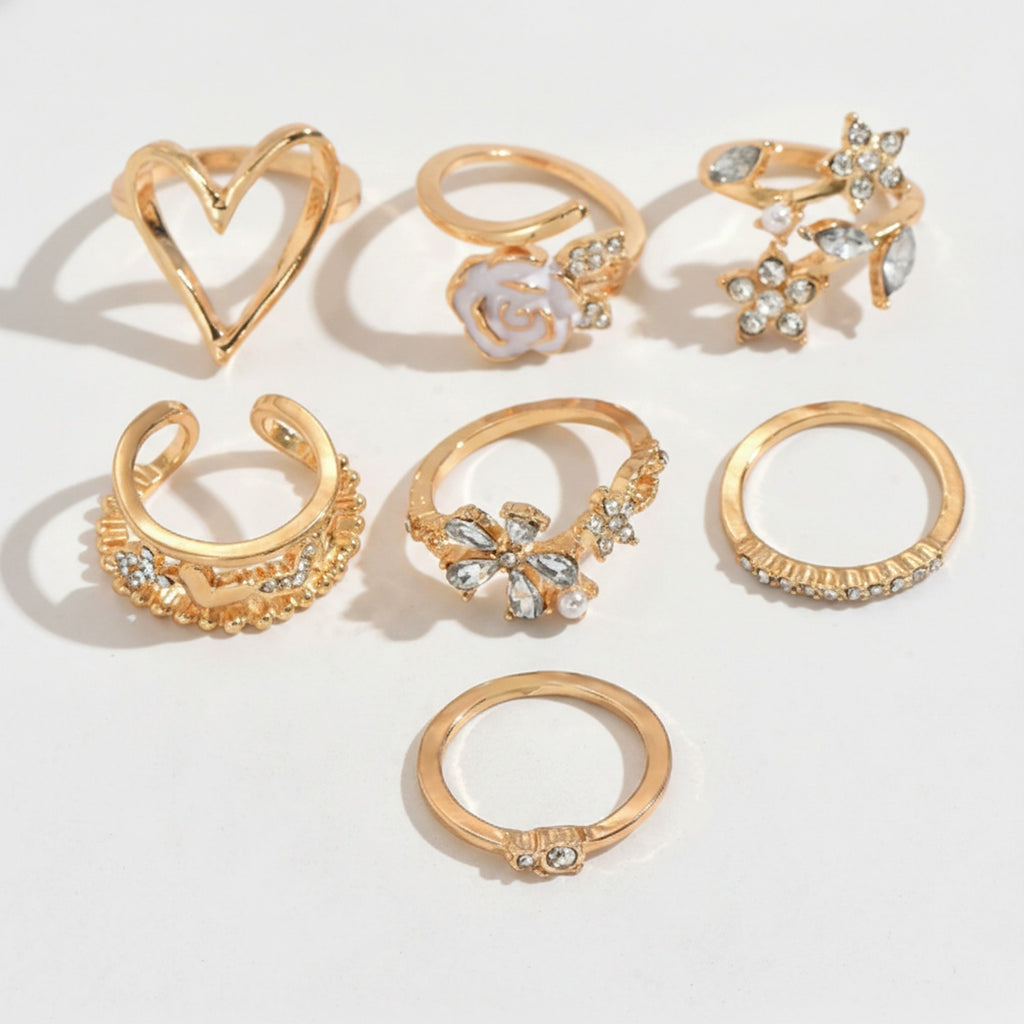 Gold Heart & Flower Rhinestone Ring Set