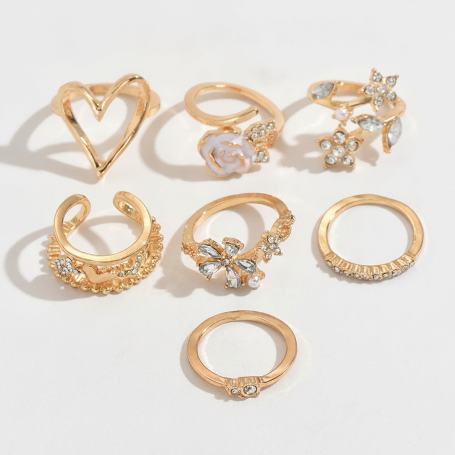 Gold Heart & Flower Rhinestone Ring Set