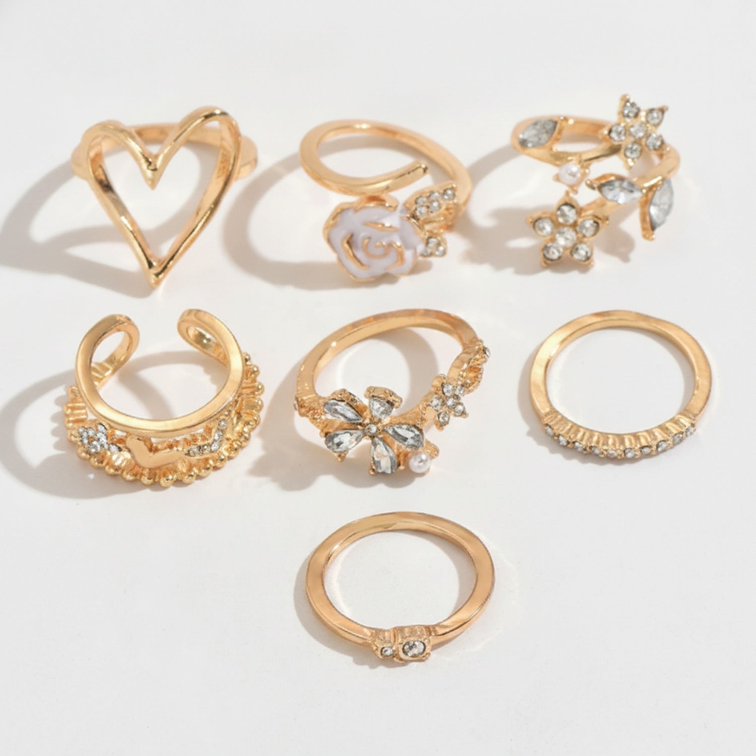 Gold Heart & Flower Rhinestone Ring Set