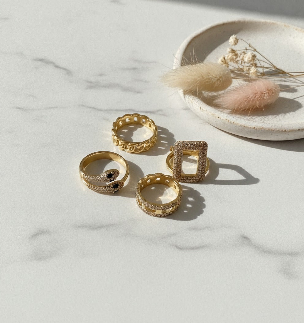 Gold Rhinestone Ring Set With Black Stone Details