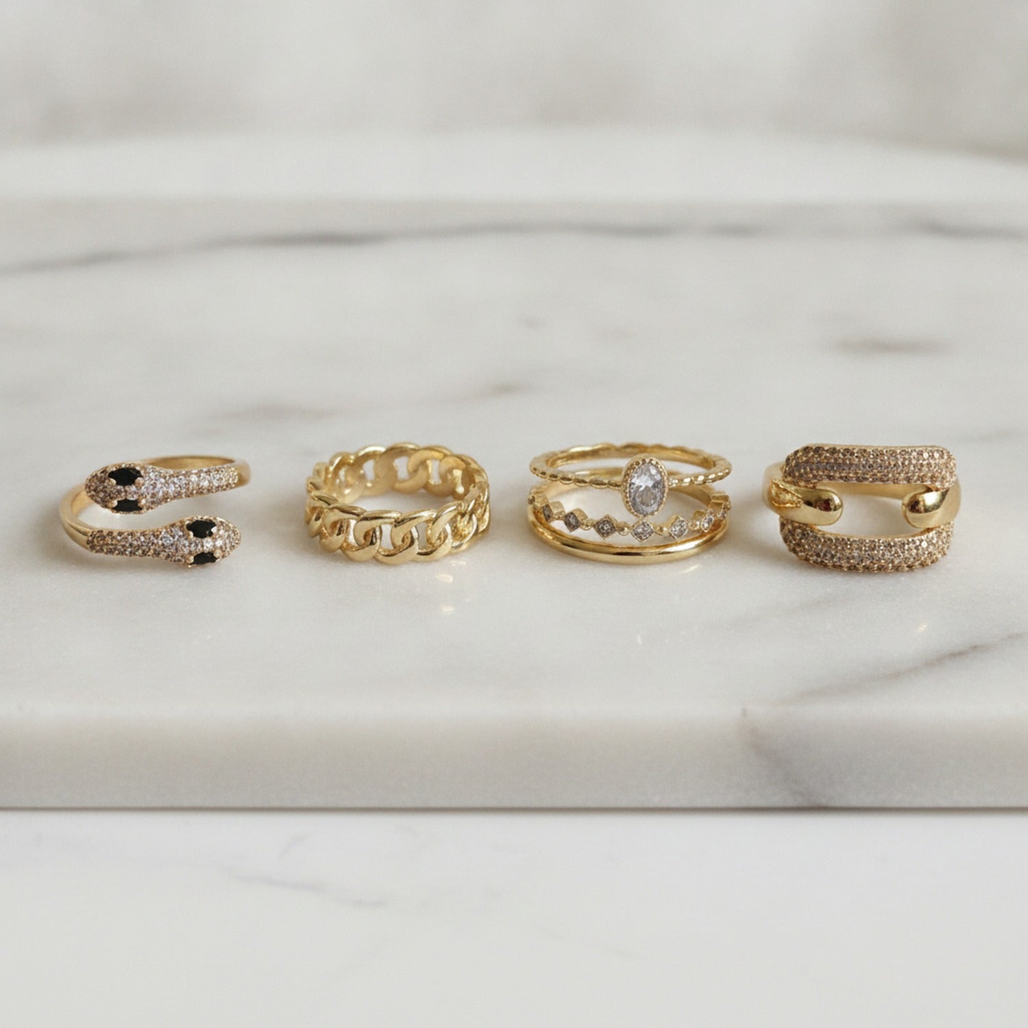 Gold Rhinestone Ring Set With Black Stone Details