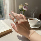 Pearl & Flower Gold Ring Set – jewelry (view 2)
