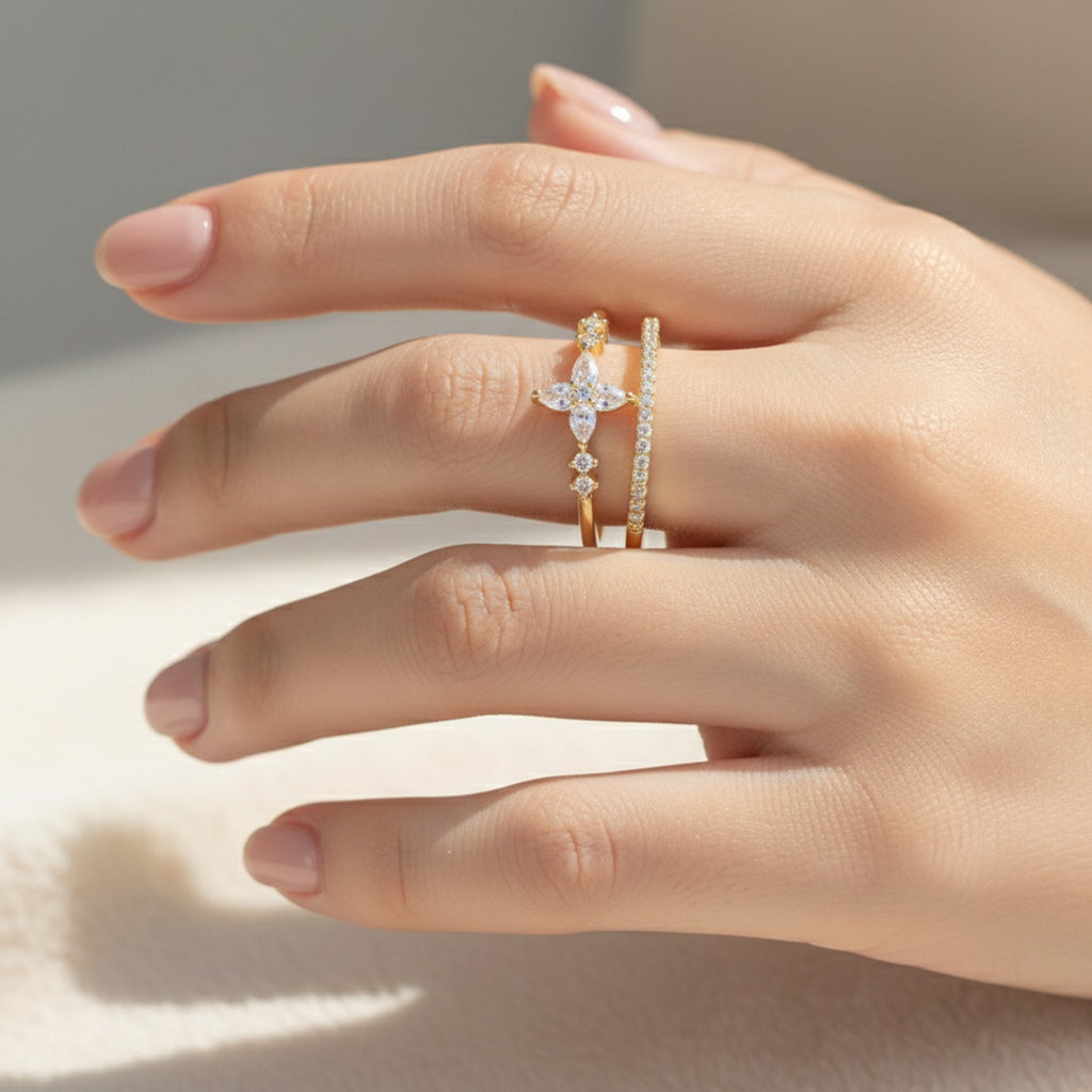 Gold Rhinestone Butterfly Ring Set