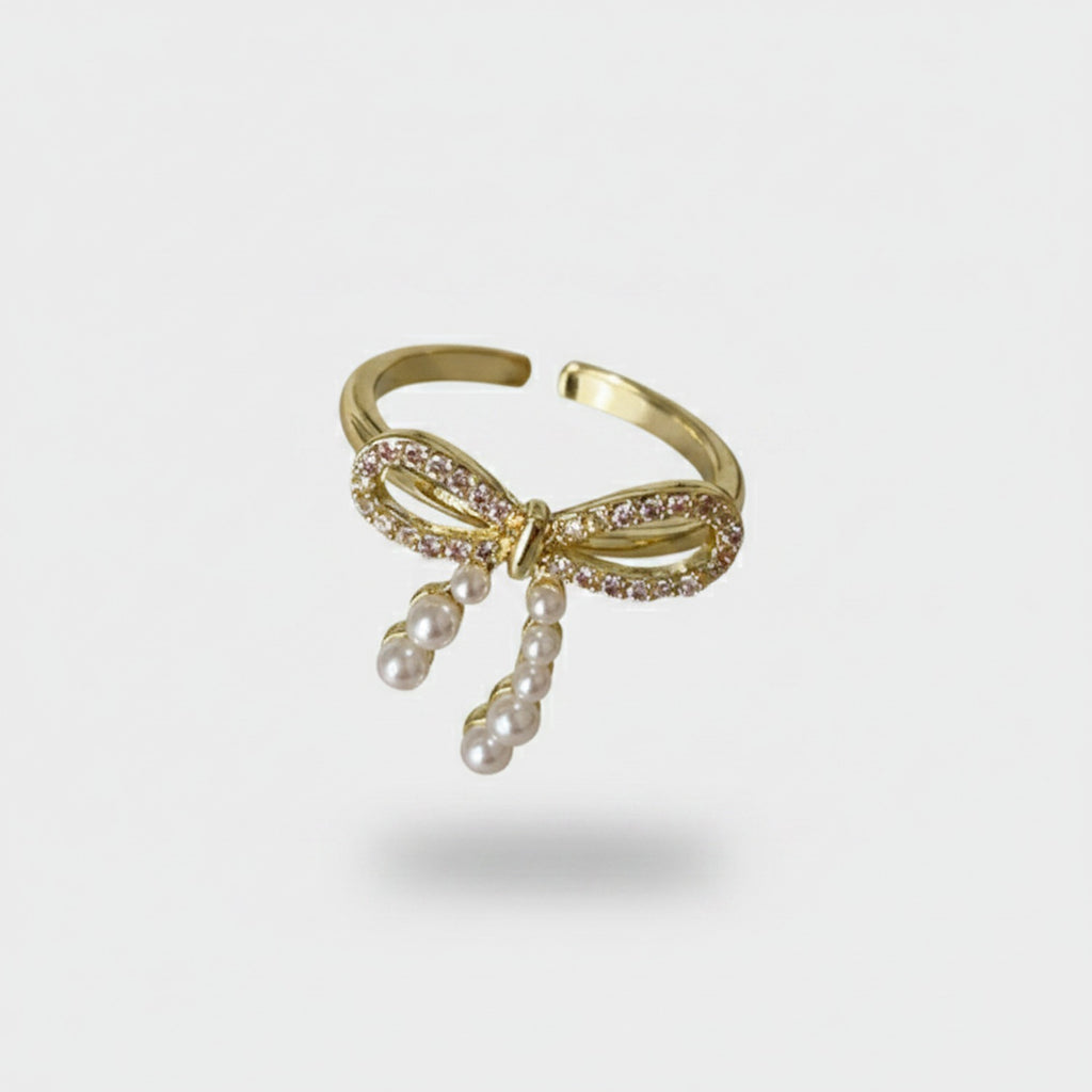 Bow Pearl Drop Ring Gold Rhinestone