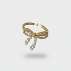 Bow Pearl Drop Ring Gold Rhinestone