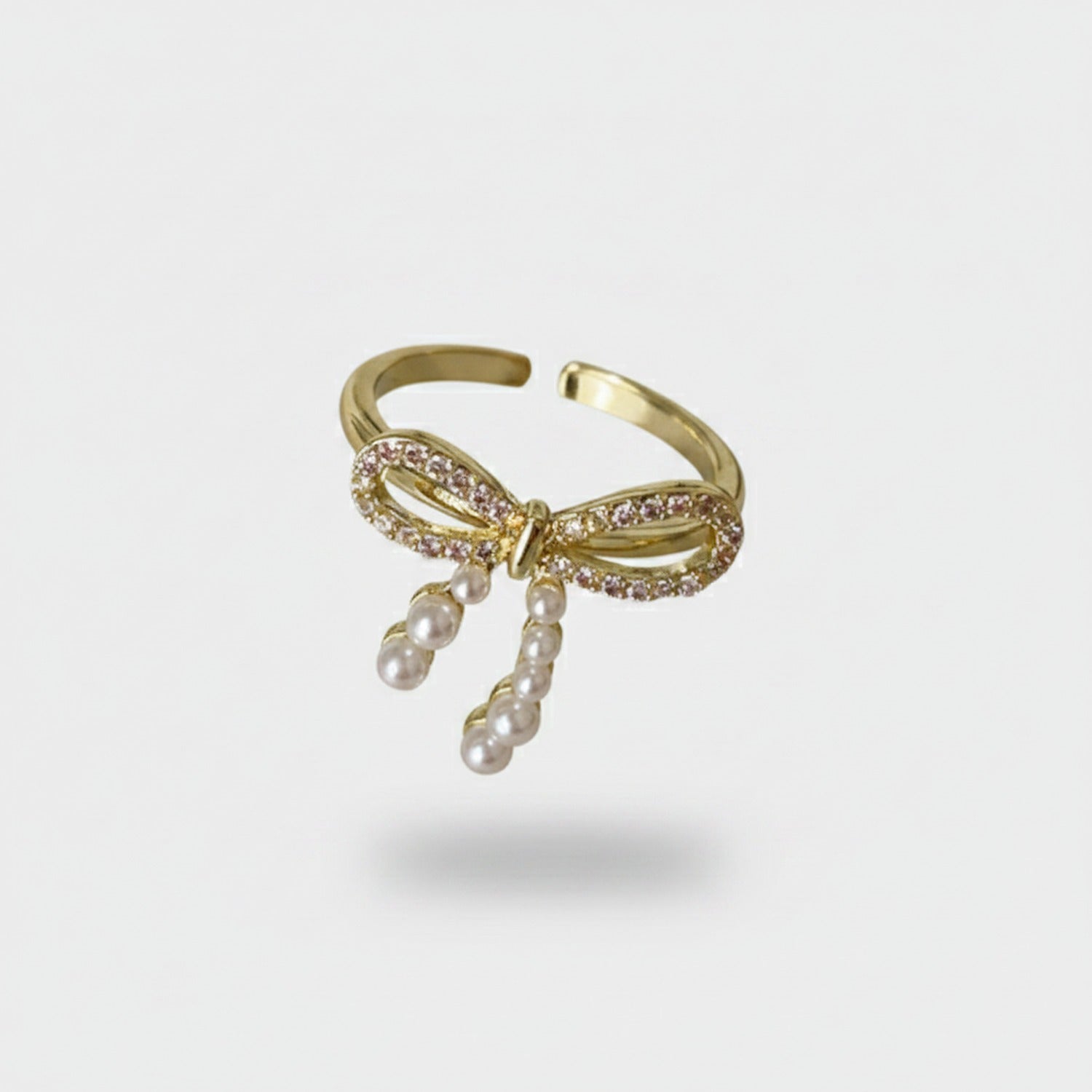 Bow Pearl Drop Ring Gold Rhinestone