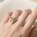 Bow Pearl Drop Ring Gold Rhinestone