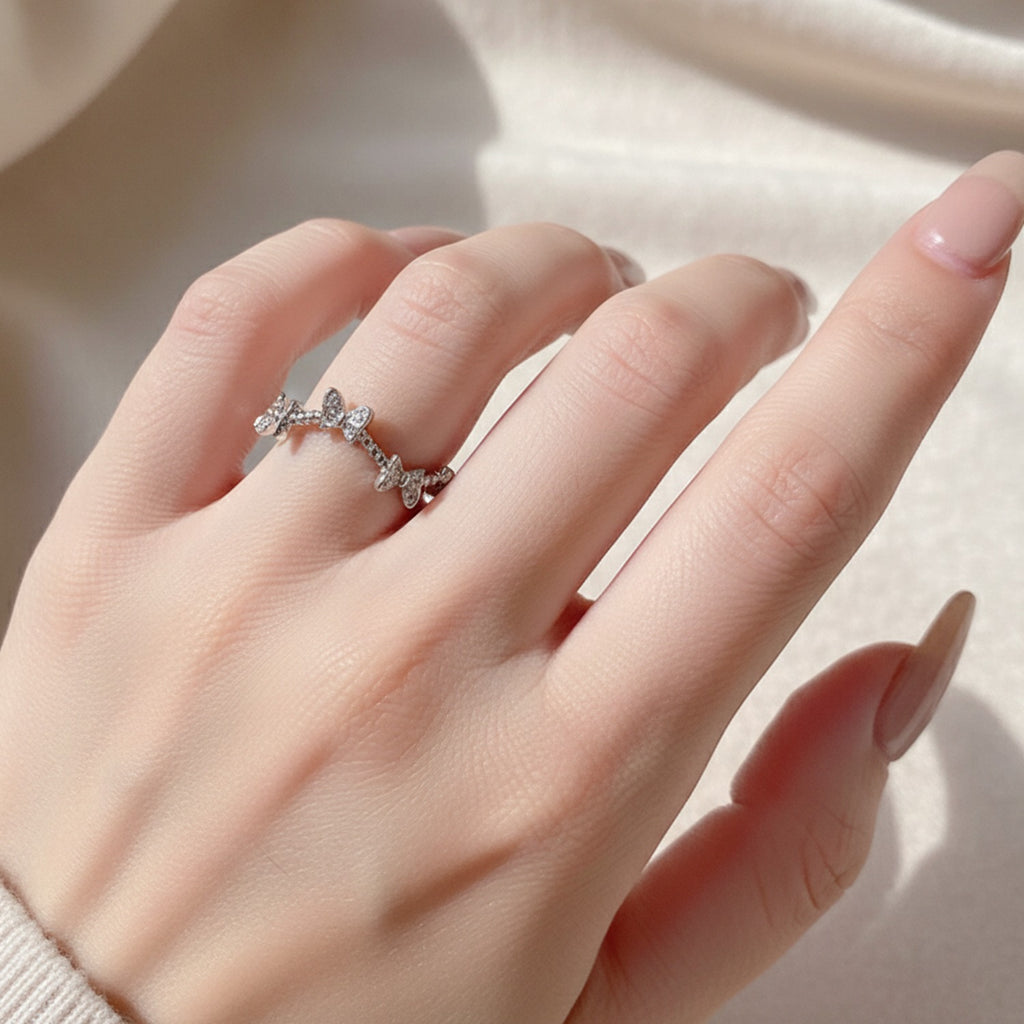 Butterfly Charm Rhinestone Silver Ring Set